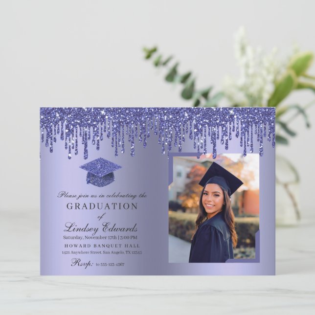 Glitter Drip Blue Graduation Photo Invitation (Standing Front)