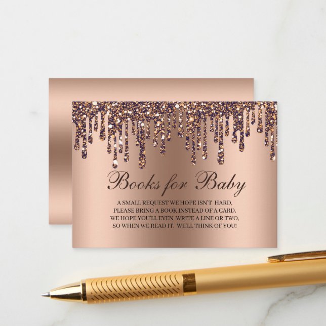 Glitter Drip Bronze Baby Shower Books For Baby Enclosure Card (Front/Back In Situ)
