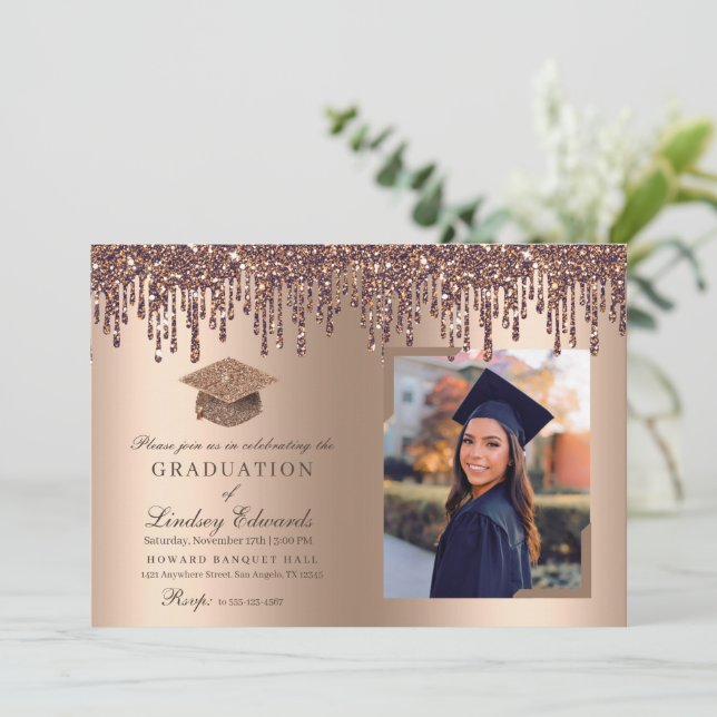 Glitter Drip Bronze Gold Graduation Photo Invitation (Standing Front)