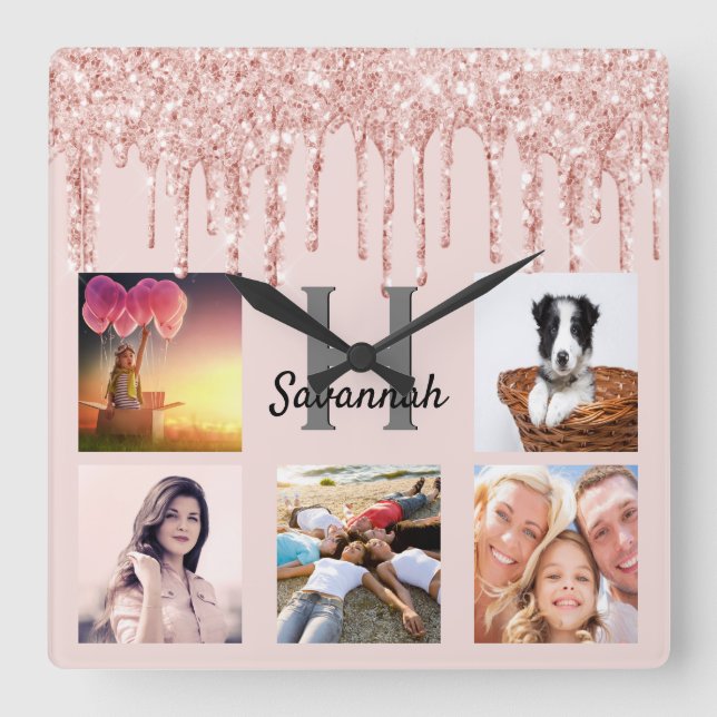 Glitter drip custom photo collage pink rose gold square wall clock (Front)