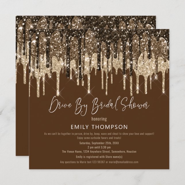 Glitter Drip Gold Brown Drive By Bridal Shower Invitation (Front/Back)