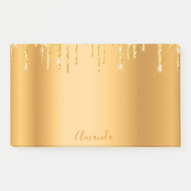 Glitter drip gold metallic glam name post-it notes (Front)