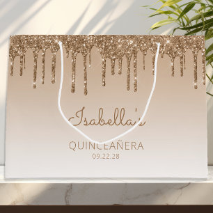 Glitter Drip Gold Quinceañera Large Gift Bag