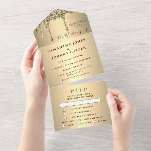 Glitter Drip Gold Sparkle RSVP Elegant Wedding All In One Invitation