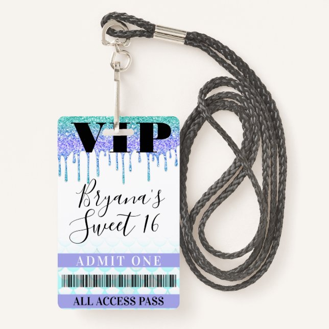 Glitter Drip Mermaid Teal Purple Sweet 16 VIP Pass ID Badge (Front with Lanyard)