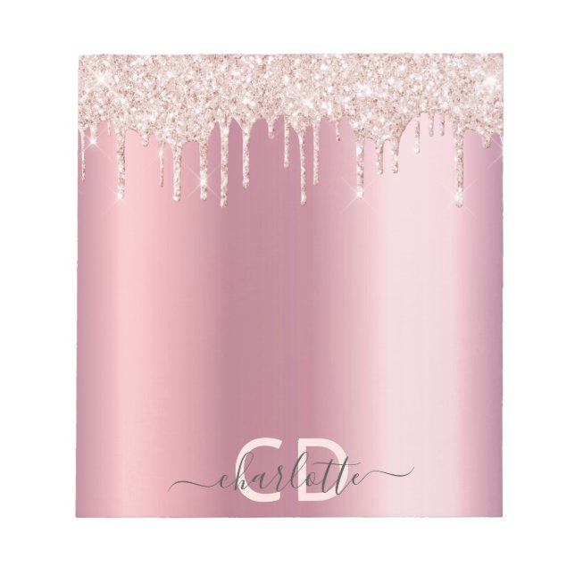 Glitter drip pink rose gold shiny glam monogram notepad (Front)
