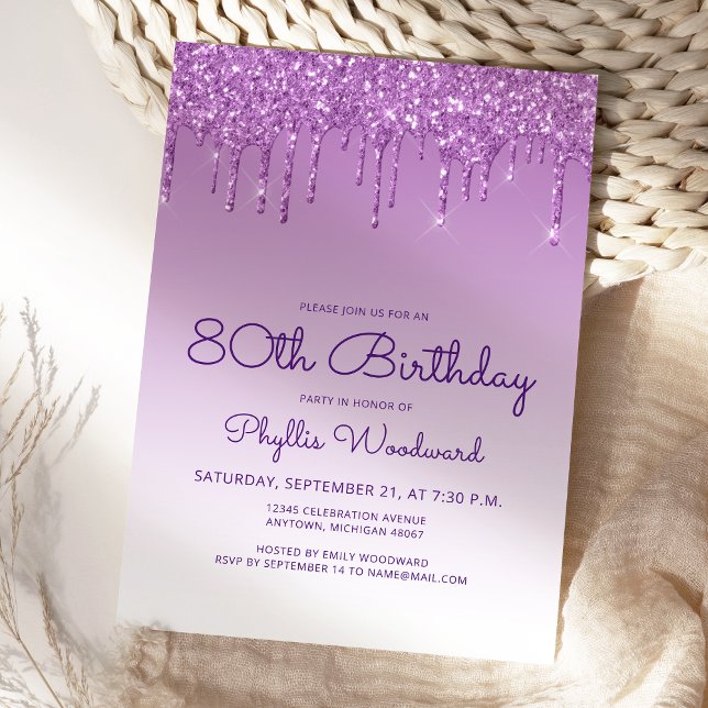 Glitter Drip Purple 80th Birthday Party Invitation (Creator Uploaded)