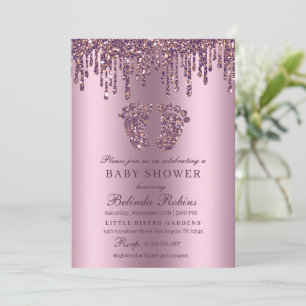 Glitter Drip Purple Baby Feet Baby Shower Invitation