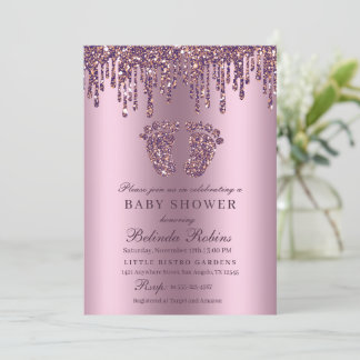 Glitter Drip Purple Baby Feet Baby Shower Invitation
