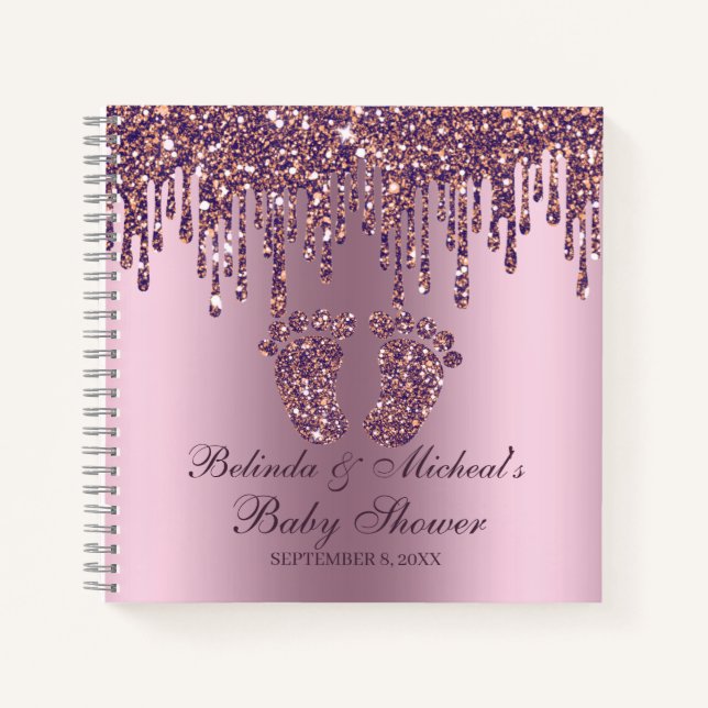 Glitter Drip Purple Feet Baby Shower Guestbook Notebook (Front)