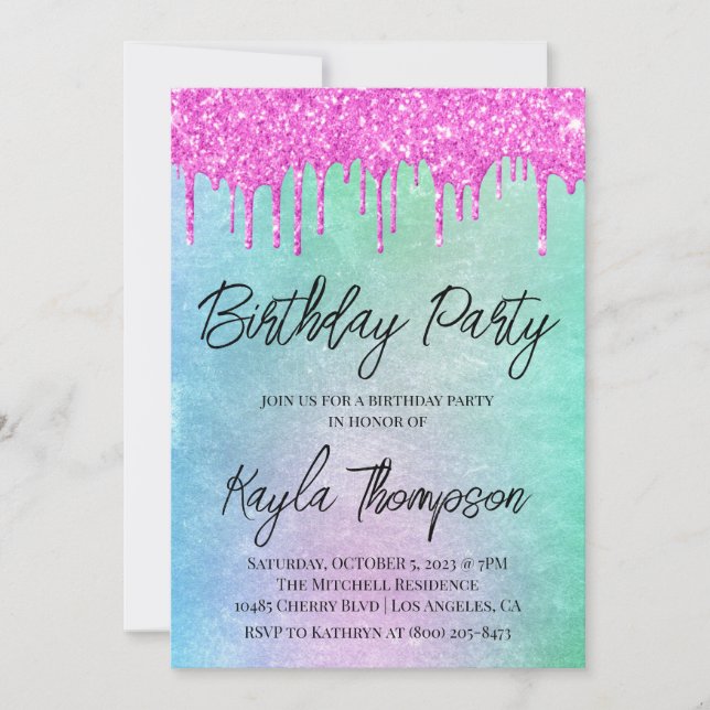 Glitter Drip Rainbow Birthday Party Invitation (Front)