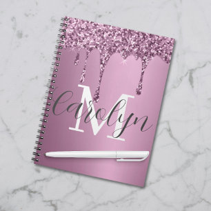 Glitter Drip Rose Blush Girly Pink Monogram Name Notebook