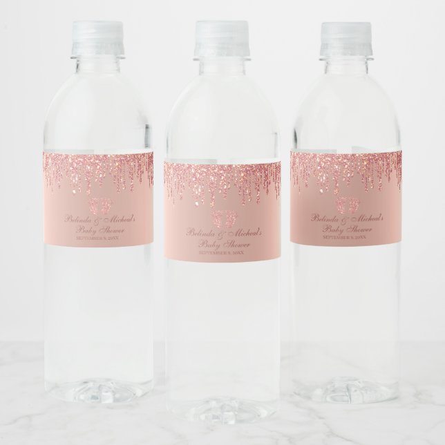 Glitter Drip Rose Gold Baby Feet Baby Shower Water Bottle Label (Bottles)