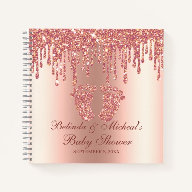 Glitter Drip Rose Gold Feet Baby Shower Guestbook Notebook (Front)