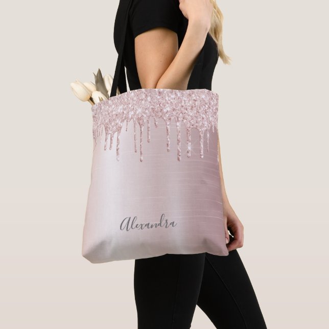 Glitter drip rose gold ombre name girly tote bag (Close Up)
