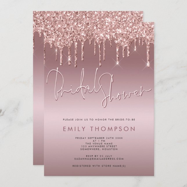 Glitter Drip Rose Gold Script Bridal Shower Invitation (Front/Back)