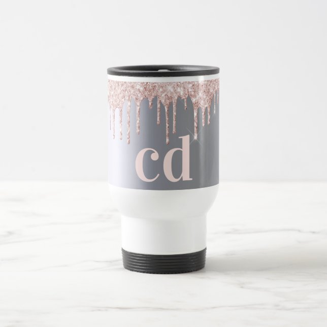 Glitter drip rose gold silver metallic monogram travel mug (Center)