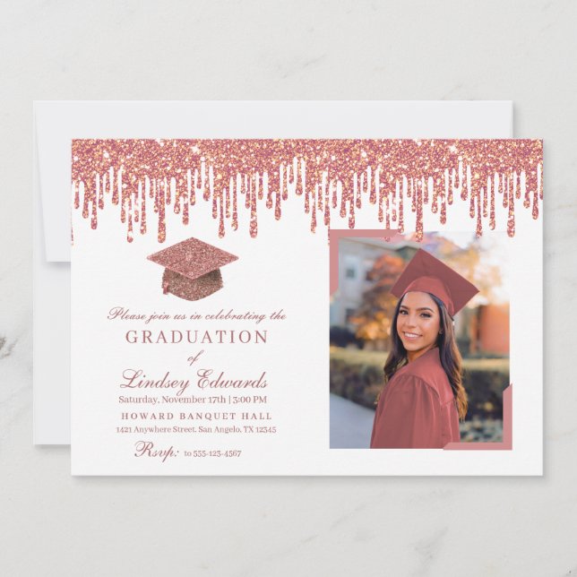 Glitter Drip Rose Gold & White Graduation Photo Invitation (Front)