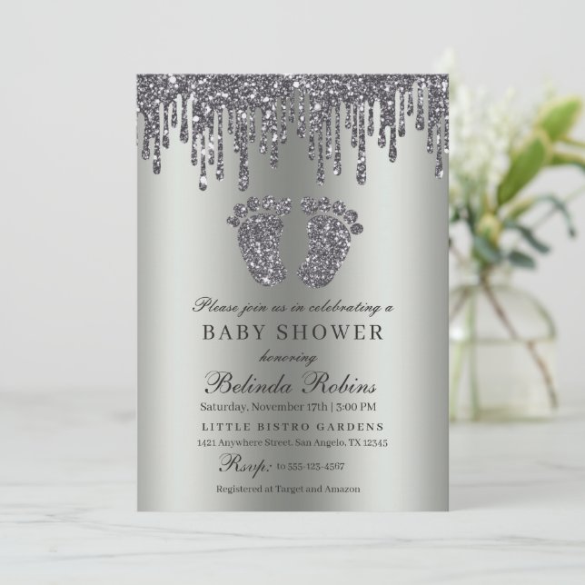 Glitter Drip Silver Baby Feet Baby Shower Invitation (Standing Front)
