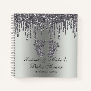 Glitter Drip Silver Feet Baby Shower Guestbook Notebook