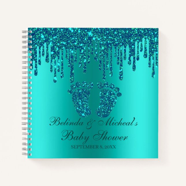 Glitter Drip Teal Feet Baby Shower Guestbook Notebook (Front)