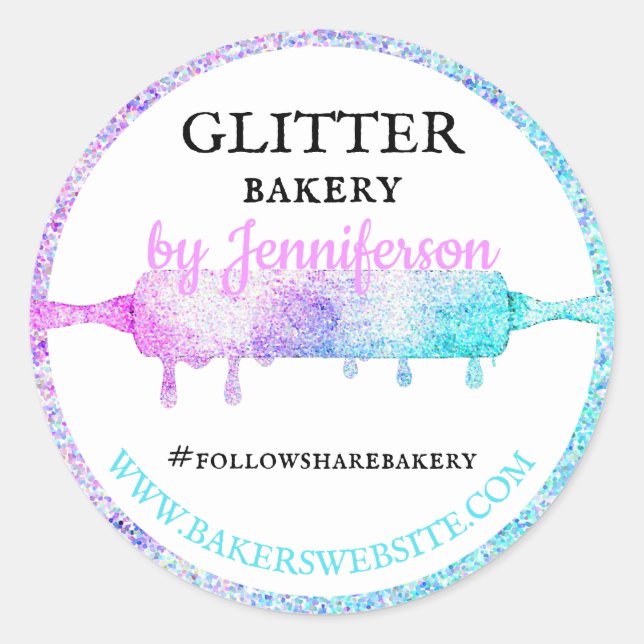 Glitter Dripping rolling pin teal pink Gift Bakery Classic Round Sticker (Front)