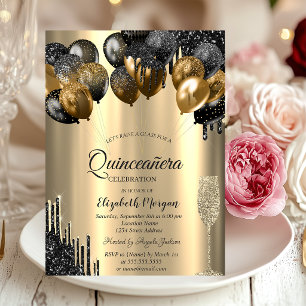 Glitter Drips Balloons Gold Quinceanera Invitation