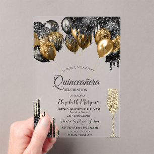 Glitter Drips Balloons Gold Quinceanera Invitation