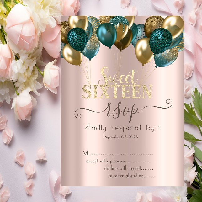  Glitter Drips Balloons Rose Gold Sweet 16 RSVP  Invitation (Creator Uploaded)