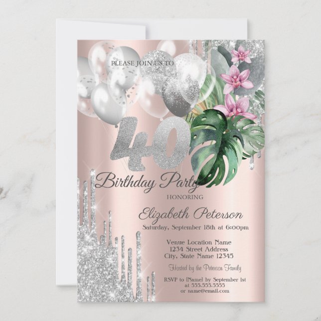  Glitter Drips Balloons Tropical Flowers 40th  Invitation (Front)