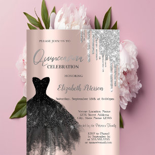  Glitter Drips,Black Dress Rose Gold 15th Birthday Invitation