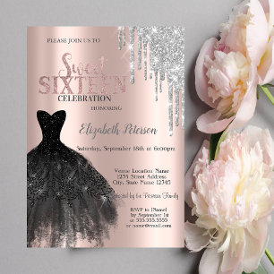 Glitter Drips,Black Dress Rose Gold Sweet 16 Invitation