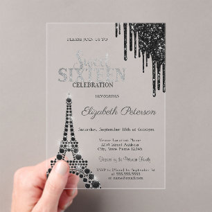 Glitter Drips,Black Eiffel Tower Sweet 16  Acrylic Invitations