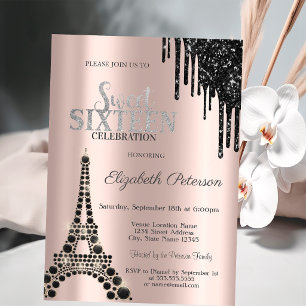 Glitter Drips,Black Eiffel Tower Sweet 16 Invitation