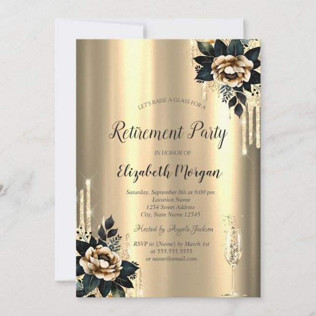 Glitter Drips,Black Roses Gold Retirement    Invitation (Front)