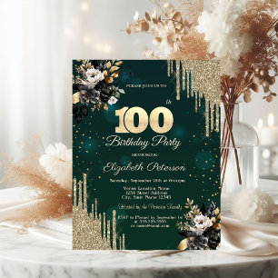Glitter Drips Black Roses Green 100th Birthday Invitation