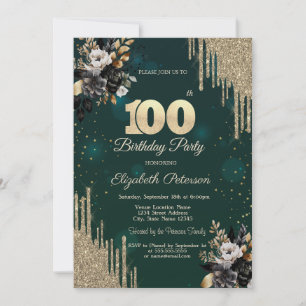 Glitter Drips Black Roses Green 100th Birthday Invitation