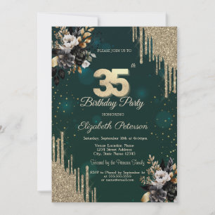 Glitter Drips Black Roses Green 35th Birthday  Invitation