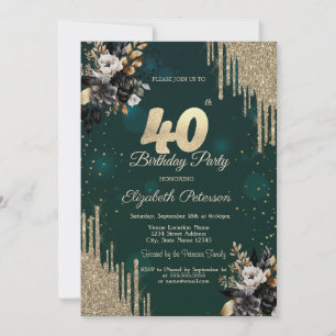 Glitter Drips Black Roses Green 40th Birthday  Invitation