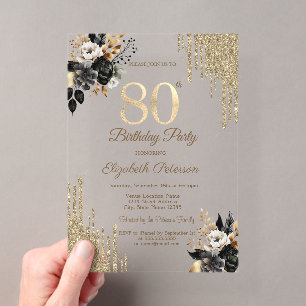 Glitter Drips Black Roses Green 80th Birthday Acrylic Invitations