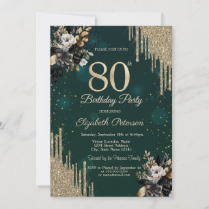 Glitter Drips Black Roses Green 80th Birthday Invitation