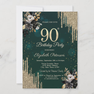 Glitter Drips Black Roses Green 90th Birthday  Invitation