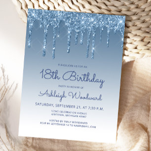 Glitter Drips Blue 18th Birthday Party Invitation Postcard