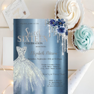Glitter Drips,Blue Dress Flowers Metallic Sweet 16 Invitation