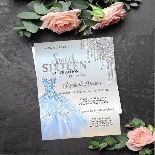 Glitter Drips,Blue Dress Silver Sweet 16  Invitation