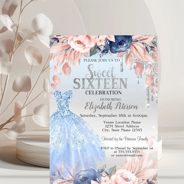 Glitter Drips,Blue Flowers Dress Silver Sweet 16  Invitation (Creator Uploaded)