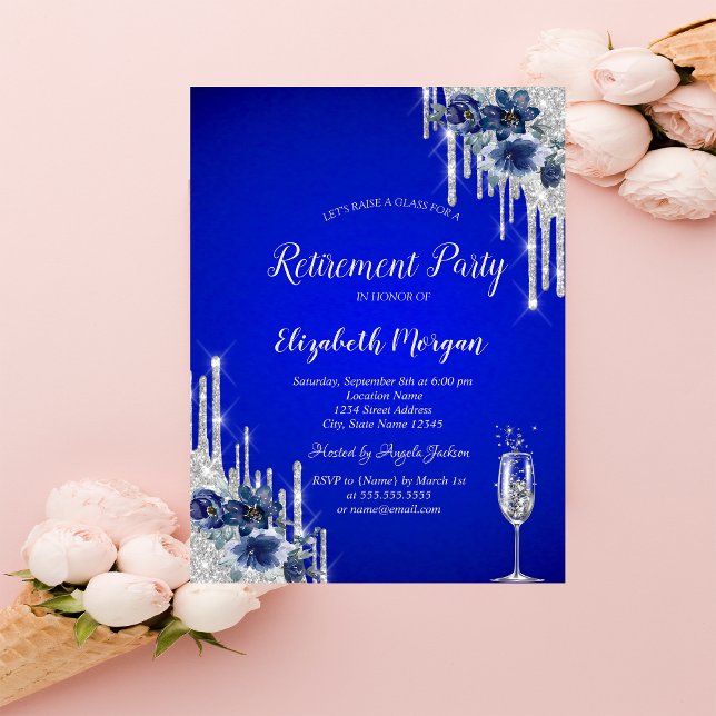  Glitter Drips,Blue Flowers Royal Blue Retirement  Invitation (Creator Uploaded)