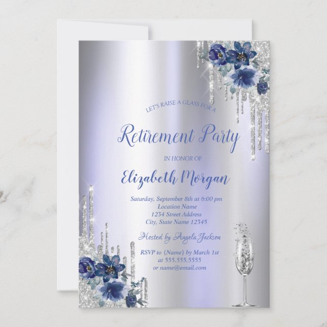  Glitter Drips,Blue Flowers Violet Retirement  Invitation (Front)