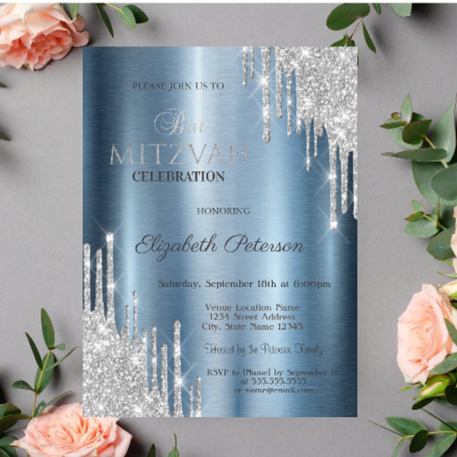  Glitter Drips Blue Metallic Bat Mitzvah Invitation (Creator Uploaded)