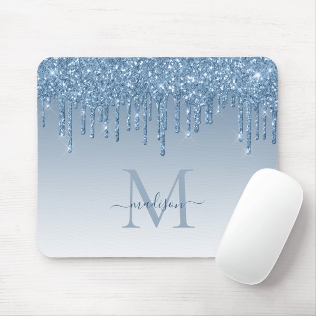 Glitter Drips Blue Sparkle Monogram Elegant Script Mouse Pad (With Mouse)